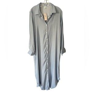 Kidsform Light Blue Roll Tab Elbow Sleeve Belted Midi Shirtdress With Pockets XL